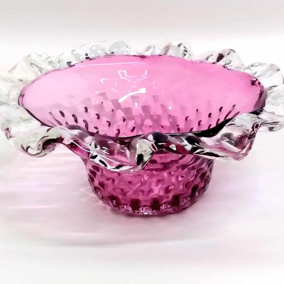 Cranberry Glass Decorative Dish with Clear Glass Ruffle Top - Picture 1 of 5